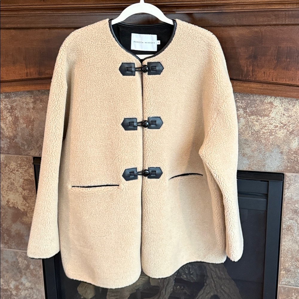 Rebecca Minkoff Tan Faux Shearling Toggle Jacket Oversized Chic Sophisticated XL